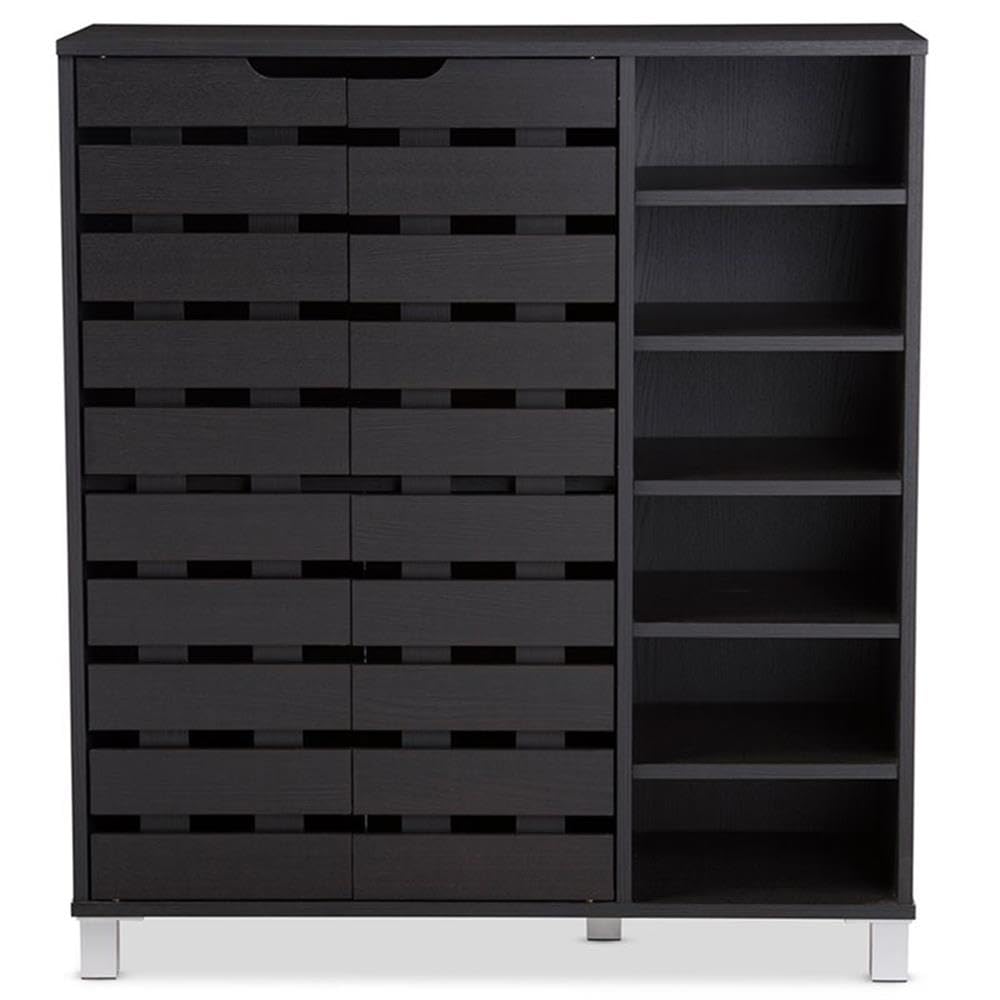 Baxton Studio Shirley Modern & Contemporary Wood 2-Door Shoe Cabinet with Open Shelves, Dark Brown