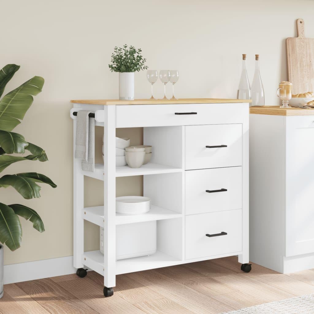 vidaXL Solid Pine Wood Rolling Kitchen Trolley - Vintage White/Honey Wax Finish, Mobile Storage Cart with Drawers/Shelves