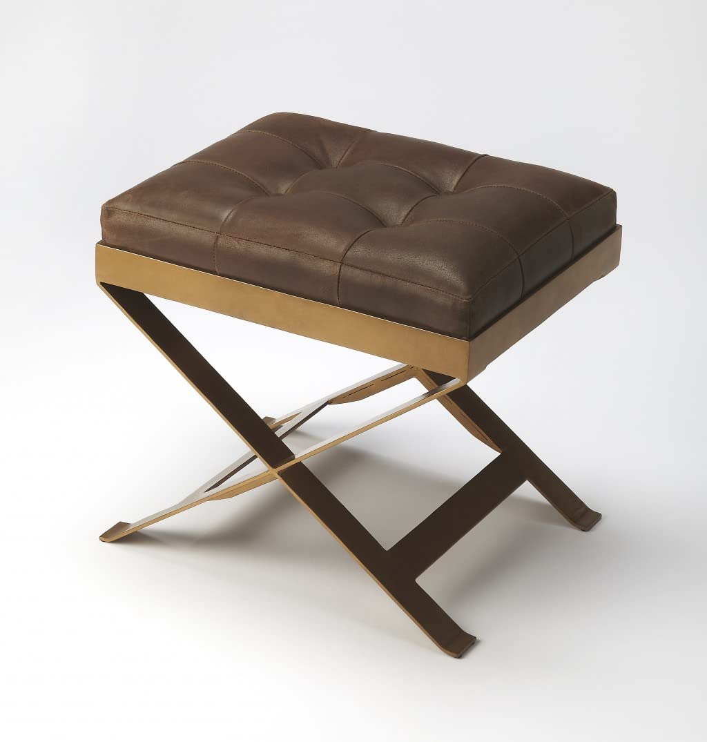 HomeRoots Iron Medium Brown Tufted Leather Stool