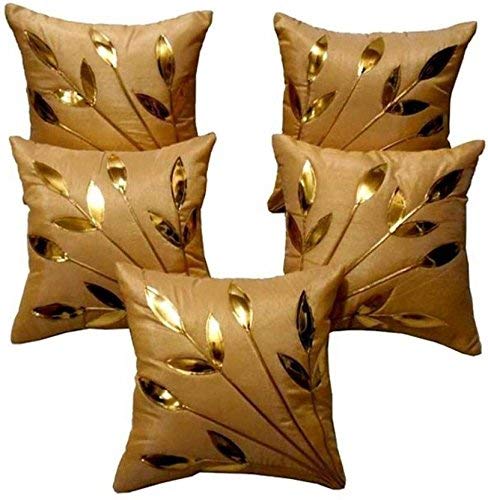 Msenterprises Golden Leaves Cotton Cushion Covers With Zipper For Sofa & Living Room (Blue, 16 X 16 Inch, Set Of 5)