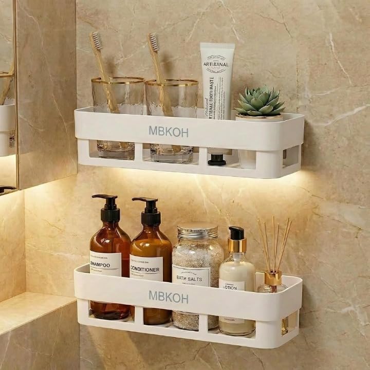 MBKOH Bathroom Shelf Wall Mount | Pack of 4 No Drill ABS Plastic Storage Rack with Hooks | Multipurpose Wall Organizer for Bathr