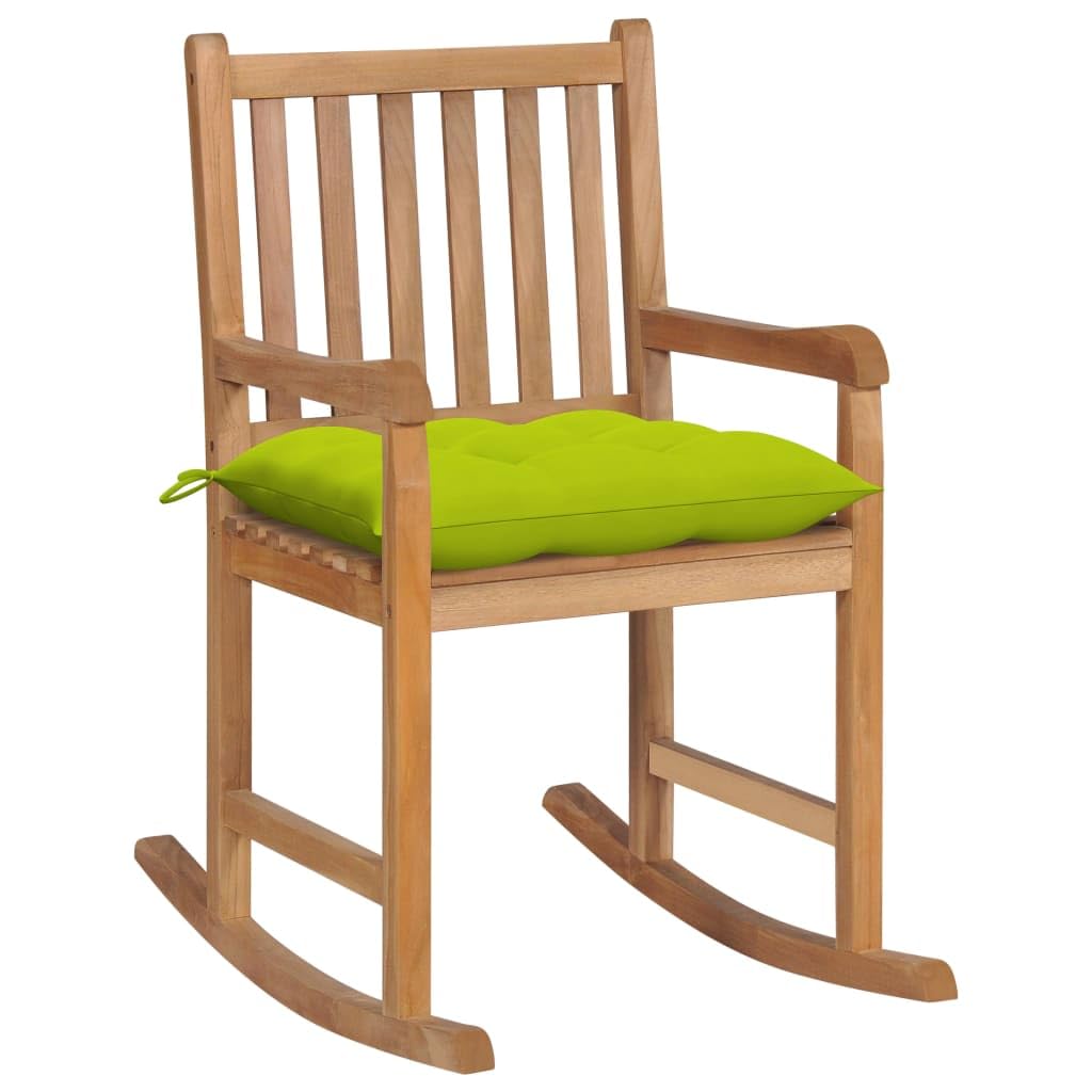 vidaXL Rocking Chair with Bright Green Cushion: Durable Solid Teak Wood, Ideal for Indoor & Outdoor Use, Fine Sanded for Smooth Finish, Decorative and Practical Cushion Included