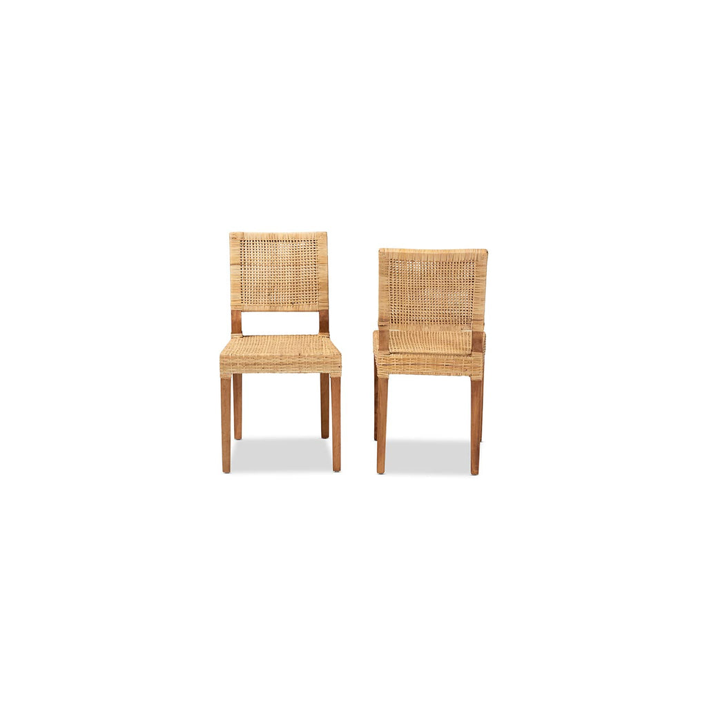 Baxton Studio Lesia Modern Bohemian Natural Brown Rattan and Walnut Brown Finished Wood 2-Piece Dining Chair Set