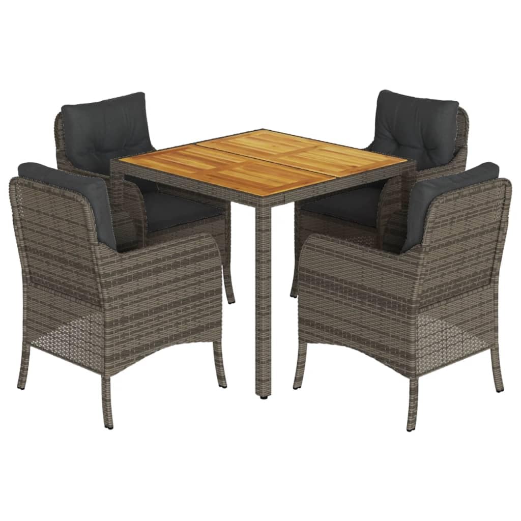 vidaXL - 5 Piece Patio Dining Set with Cushions - Gray Poly Rattan - Acacia Wood Table Top - Outdoor Garden Furniture Set - 35.4&quot; Table - 4 Chairs Included