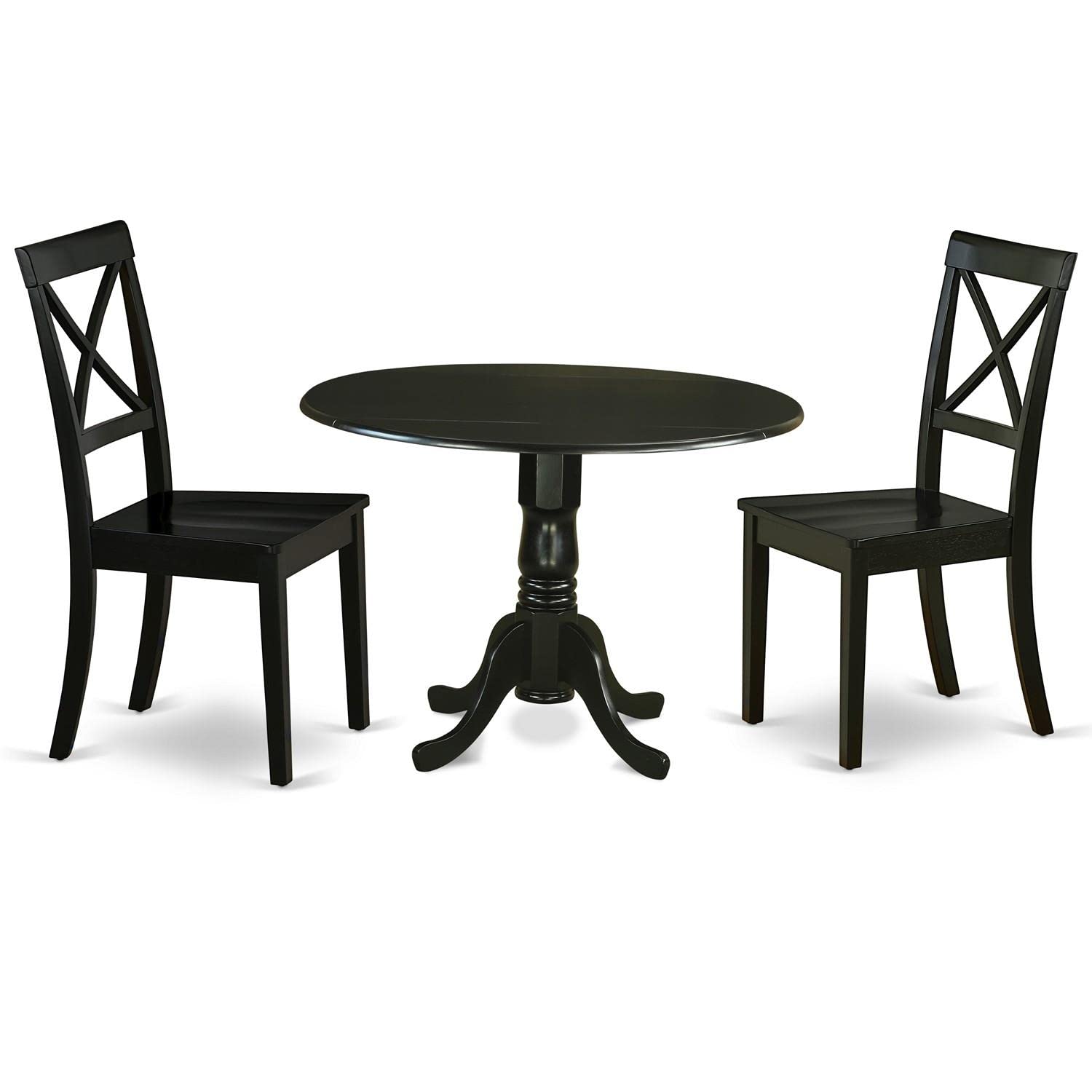 East West Furniture Dlbo3-Blk-W 3 Piece Dining Table Set For Small Spaces Contains A Round Dining Room Table With Dropleaf And 2 Wood Seat Chairs, 42X42 Inch, Black
