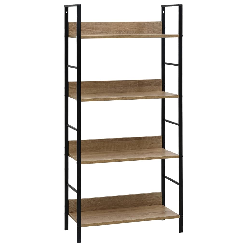 vidaXL 4-Layer Book Shelf in Oak and Black, Compact Engineered Wood and Steel Bookshelf/Plant Display Rack for Home & Office, Industrial Style, Easy to Clean, Space-Efficient Furniture