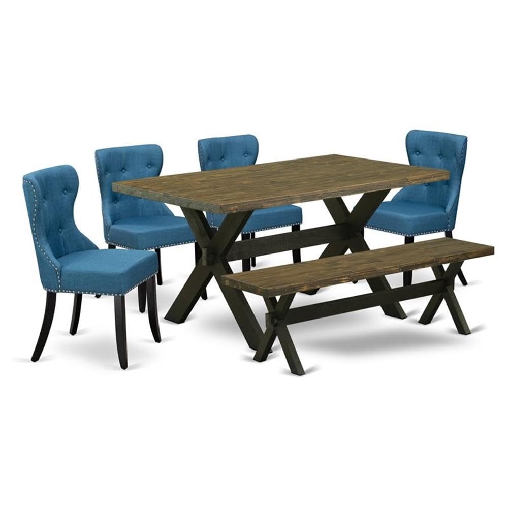 East West Furniture X676Si121-6 6 Piece Dining Table Set Contains A Rectangle Wooden Table With X-Legs And 4 Blue Linen Fabric Upholstered Chairs With A Bench, 36X60 Inch, Multi-Color