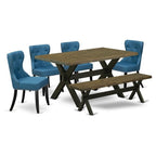 East West Furniture X676Si121-6 6 Piece Dining Table Set Contains A Rectangle Wooden Table With X-Legs And 4 Blue Linen Fabric Upholstered Chairs With A Bench, 36X60 Inch, Multi-Color