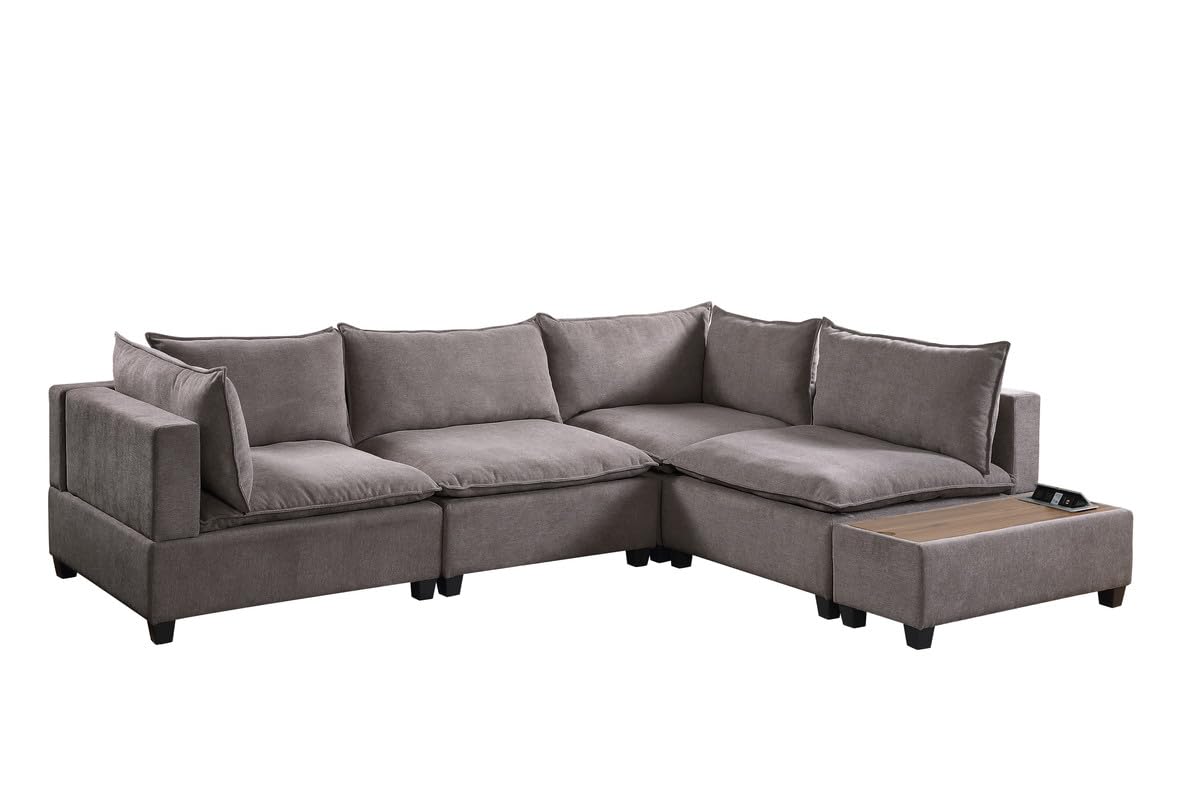 Madison 120 inch W Light Gray Fabric 5 Piece Modular Sectional Sofa with USB Storage Console Table