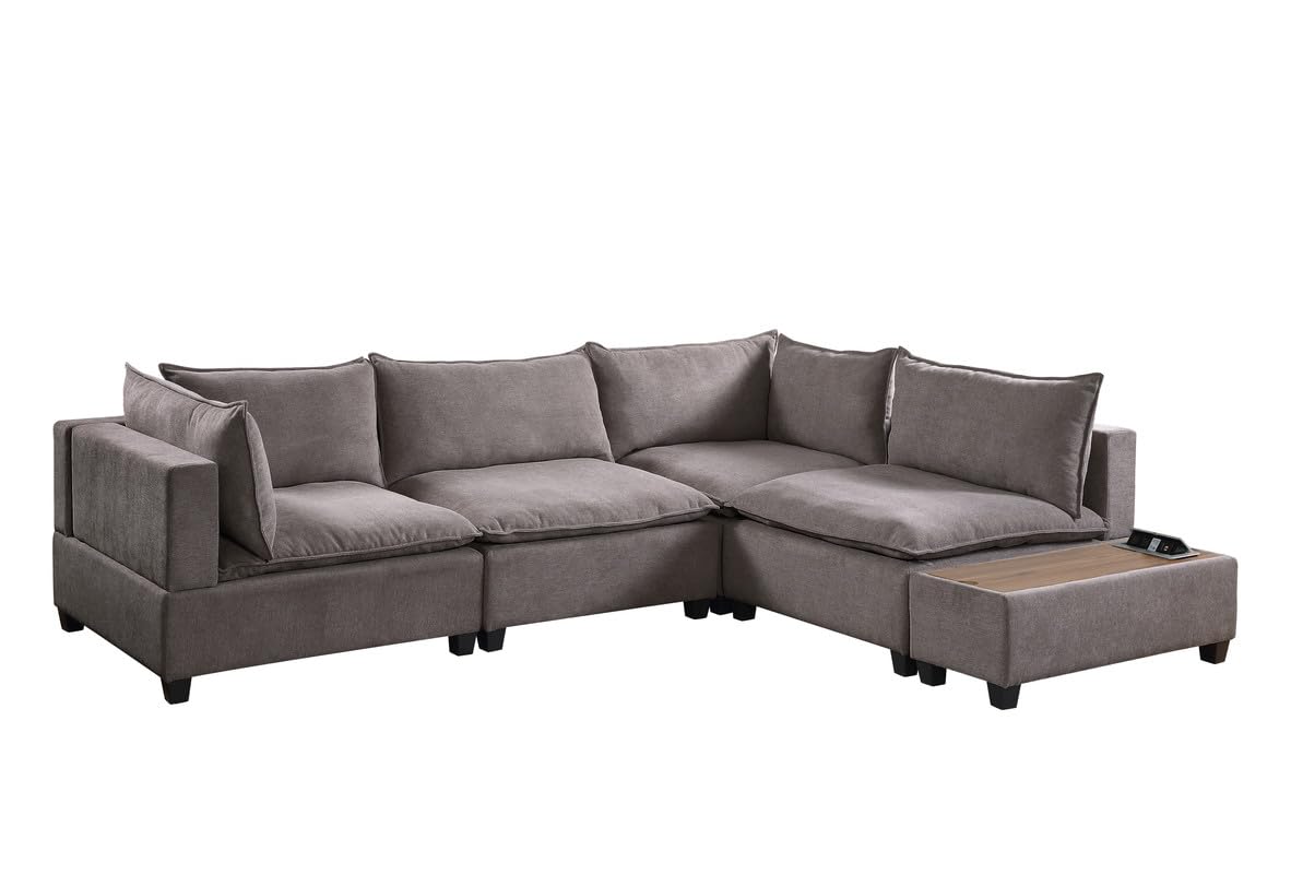 Lilola Home Madison 120" W Light Gray Fabric 5 Piece Modular Sectional Sofa with USB Storage Console Table