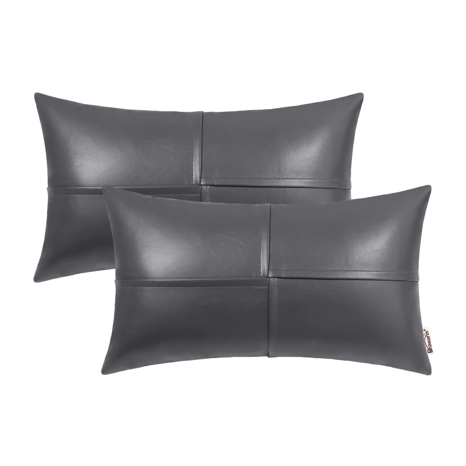 Brawarm Faux Leather Throw Pillow Covers 12 X 20 Inches, Gray Leather Lumbar Pillow Covers Pack Of 2, Hand Stitched Leather Deco