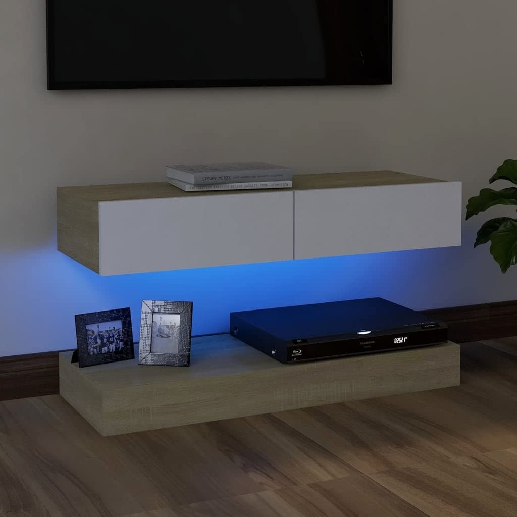 vidaXL TV Cabinet with LED Lights White and Sonoma Oak 35.4&quot;x13.8&quot;