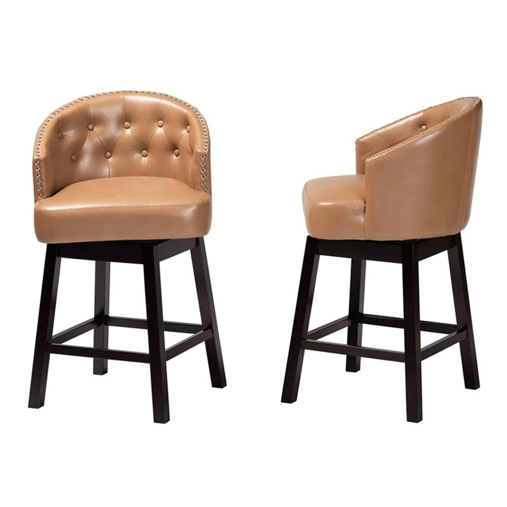 Baxton Studio Theron Mid-Century Transitional Tan Faux Leather and Espresso Brown Finished Wood 2-Piece Swivel Counter Stool Set