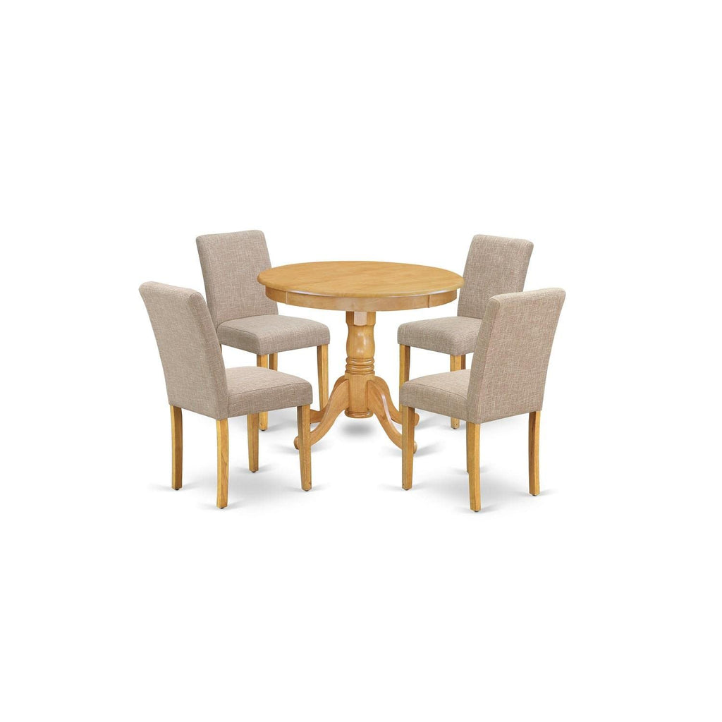 East West Furniture Anab5-Oak-04 Antique 5 Piece Set For 4 Includes A Round Kitchen Table With Pedestal And 4 Light Tan Linen Fabric Parson Dining Chairs, 36X36 Inch
