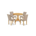 East West Furniture Anab5-Oak-04 Antique 5 Piece Set For 4 Includes A Round Kitchen Table With Pedestal And 4 Light Tan Linen Fabric Parson Dining Chairs, 36X36 Inch