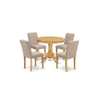 East West Furniture Anab5-Oak-04 Antique 5 Piece Set For 4 Includes A Round Kitchen Table With Pedestal And 4 Light Tan Linen Fabric Parson Dining Chairs, 36X36 Inch