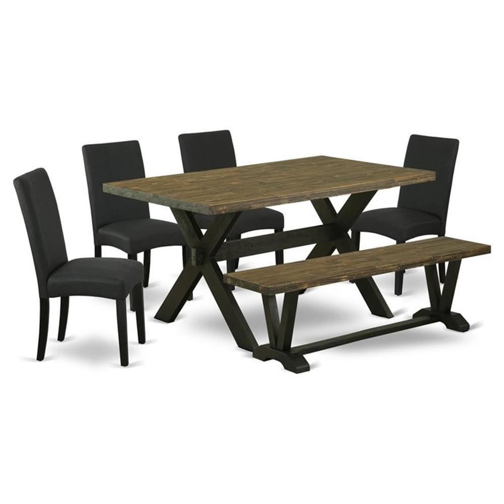 East West Furniture X676Dr124-6 6 Piece Kitchen Table Set Contains A Rectangle Dining Table With X-Legs And 4 Black Color Linen Fabric Parson Chairs With A Bench, 36X60 Inch, Multi-Color
