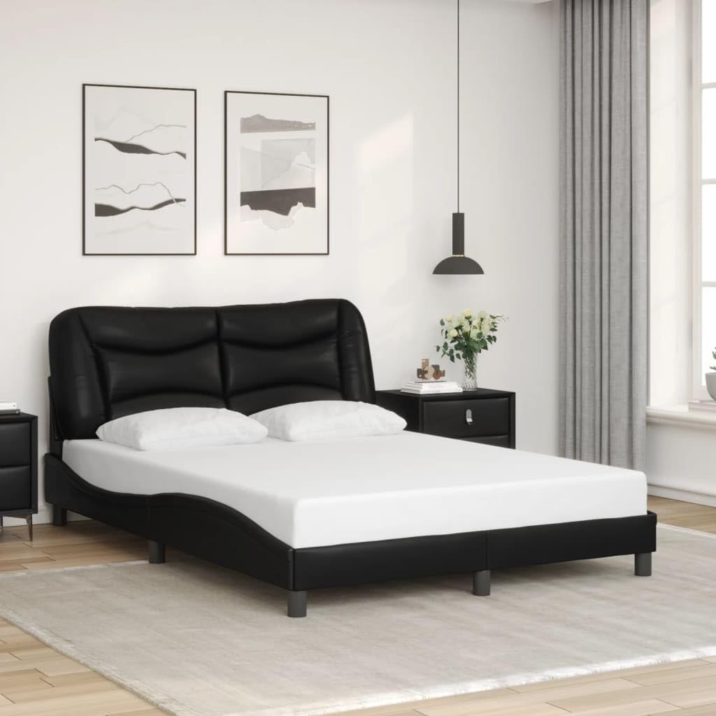 vidaXL Modern Full-Size Bed Frame - Black Faux Leather with LED Lights, Plywood Slats and Headboard, 53.9"x74.8"