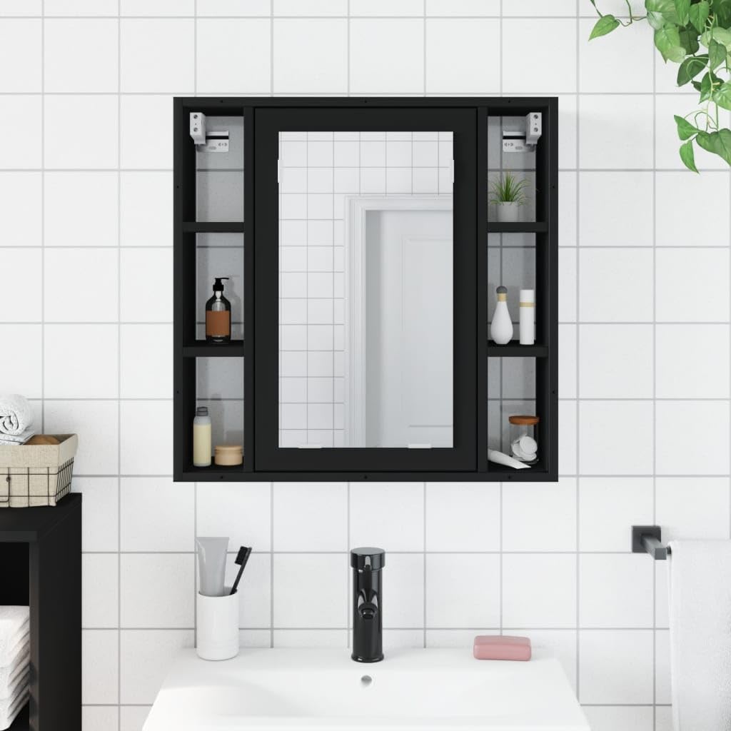 vidaXL Wall-Mounted Bathroom Mirror Cabinet in Black - Engineered Wood with Ample Storage, Clear Glass Mirror, 23.6"x6.3"x23.6"