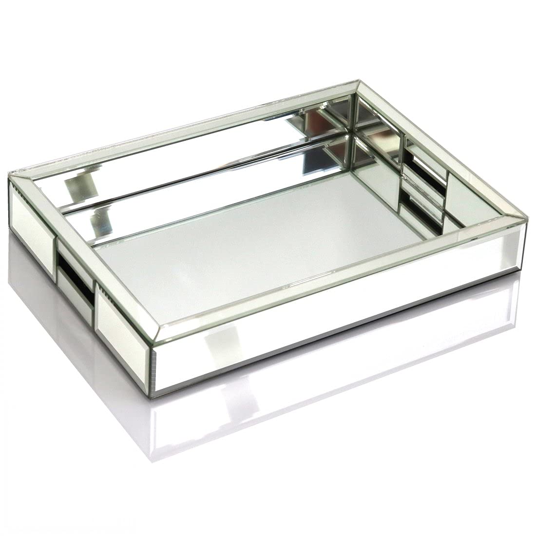 Rectangle Silver Mirror Decorative Tray Size 11    Length x 14    Width x 2    Height, Mirrored Vanity Organizer with Hand, Mark