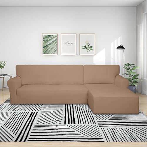 Purefit Super Stretch Sectional Couch Covers - 2 Pcs Spandex Non Slip Sofa Covers With Elastic Bottom For L Shape Sectional Sofa Couch, Great For Kids & Pets (3 Seat Sofa + 2 Seat Chaise, Camel)