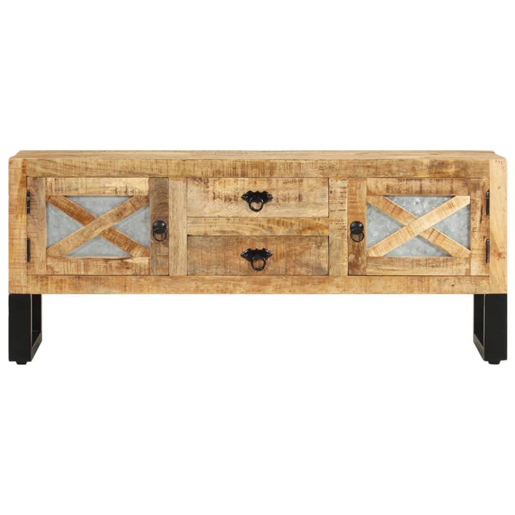 vidaXL Industrial-Style TV Stand - Rough Mango Wood - 43.3&quot;x11.8&quot;x17.7&quot; - Features 2 Doors and 2 Drawers - Polished, Painted, and Lacquered
