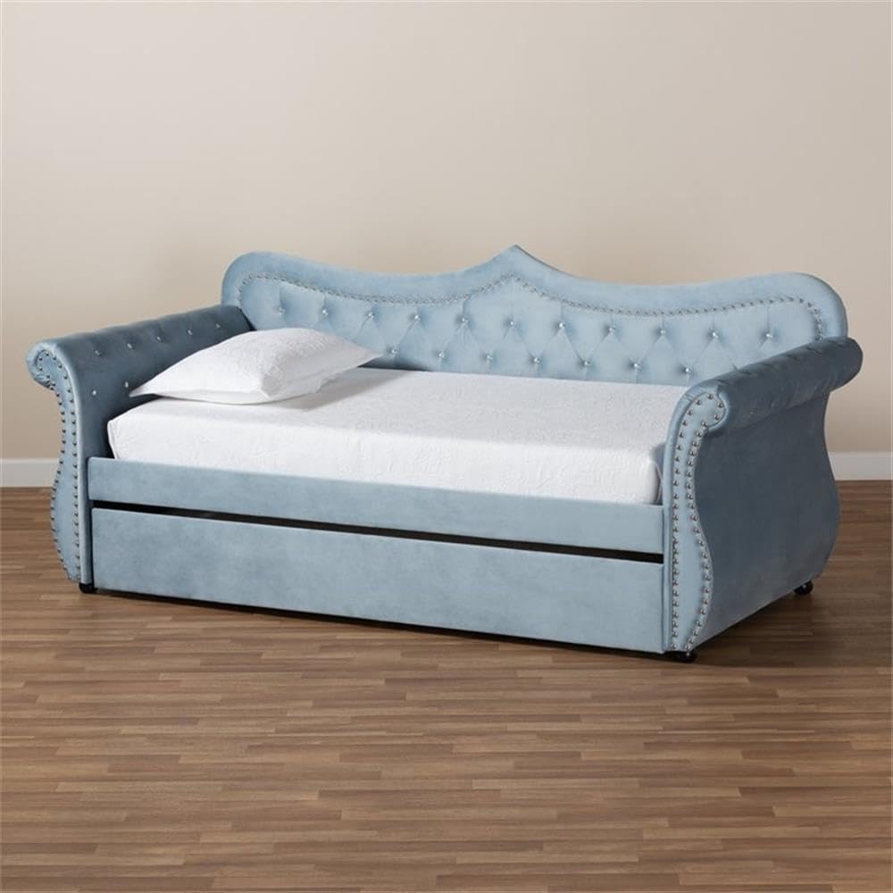 Baxton Studio Abbie Traditional and Transitional Light Blue Velvet Fabric Upholstered and Crystal Tufted Twin Size Daybed with Trundle
