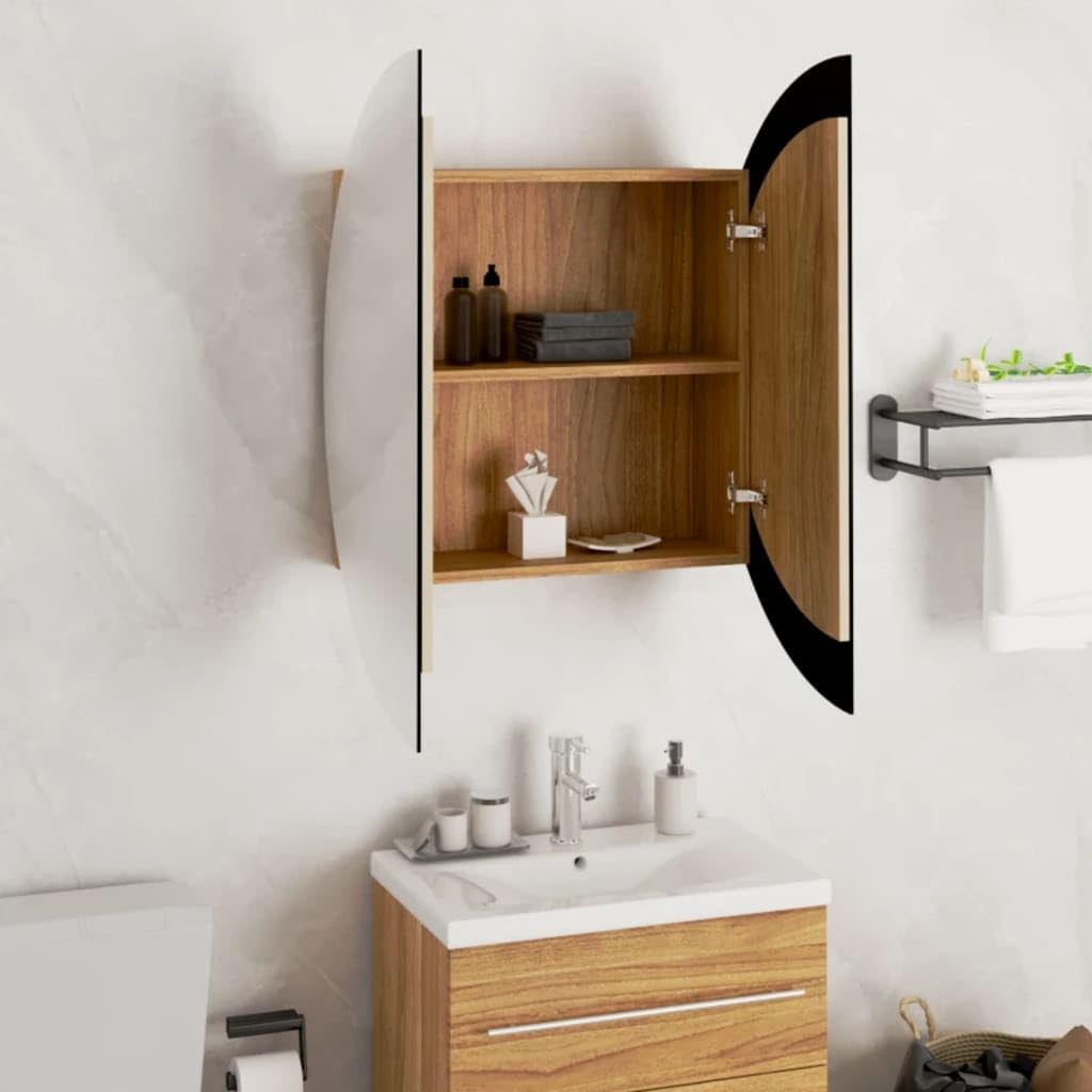 vidaXL Cabinet Bathroom Vanity Mirror Cabinet with Round Mirror and LED Oak