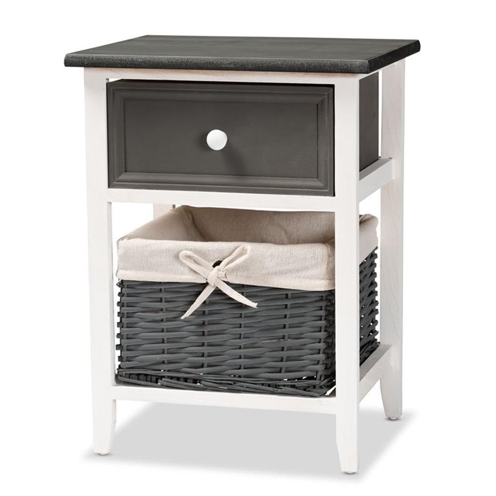 Baxton Studio Shadell Modern Transitional Two-Tone Dark Grey and White Finished Wood 1-Drawer Storage Unit with Basket