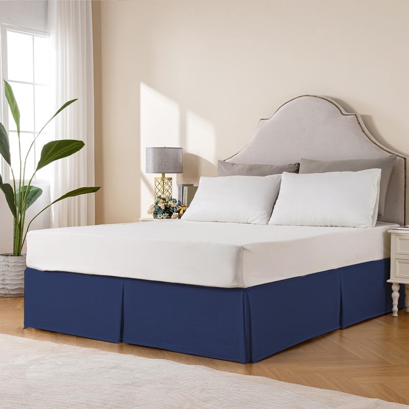 Miye Pleated Waffle Weave Bed Skirt, Tailored Dust Ruffle 12 Inch Drop Easy Fit, Machine Washable (Navy Blue, Queen - 12'' Drop)