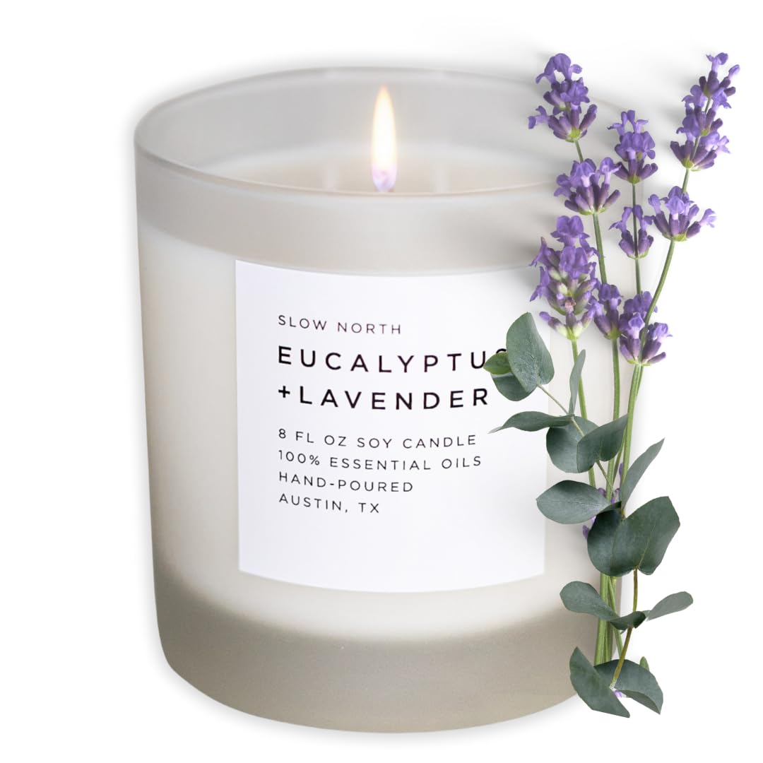 Slow North Eucalyptus + Lavender Candle - Essential Oils and Pure Soy Wax Candle in a Reusable Frosted Glass Jar - A Unique Scen