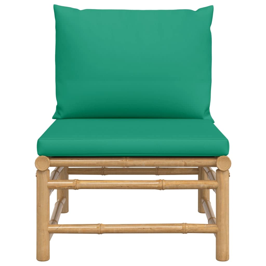 vidaXL Patio Middle Sofa - Bamboo Outdoor Furniture with Green Polyester Cushions, Modular Design, Supportive Backrest, Ideal for Creating Personalised Lounge Sets