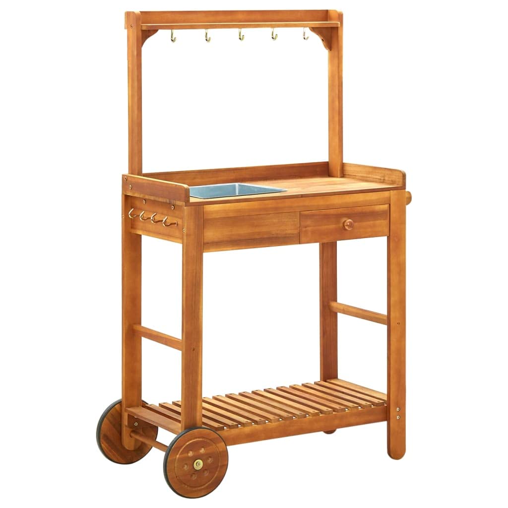 vidaXL Garden Kitchen Trolley with Storage and Hooks, Portable Serving Cart, Solid Acacia Wood Construction, Indoor or Outdoor Use, Brown