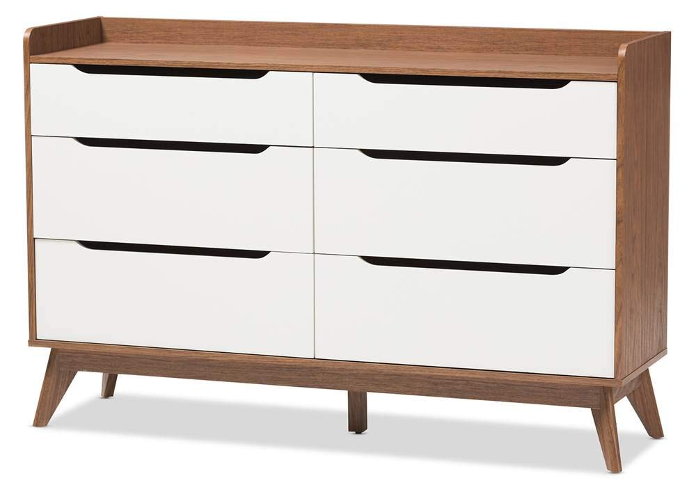 Baxton Studio Brighton 6-Drawer Storage Dresser Mid-Century/White/Walnut Brown/Particle Board/MDF with PU Paper/