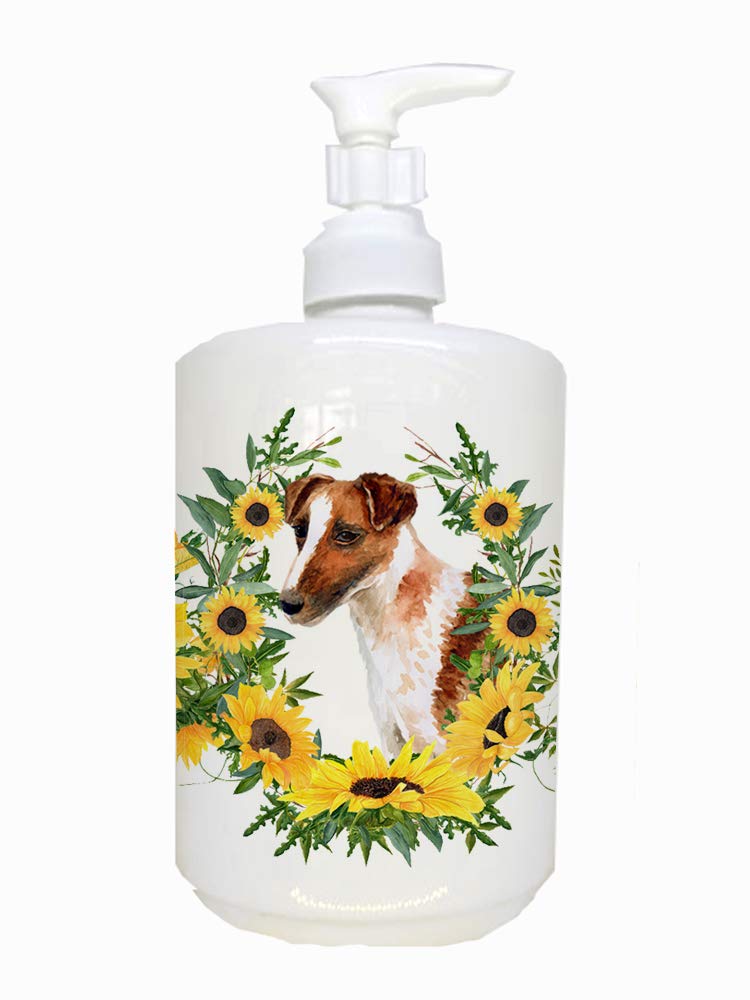 Caroline's Treasures CK2839SOAP Smooth Fox Terrier in Sunflowers Ceramic Soap Dispenser Hand Soap Dispenser Pump Bottles for Bat