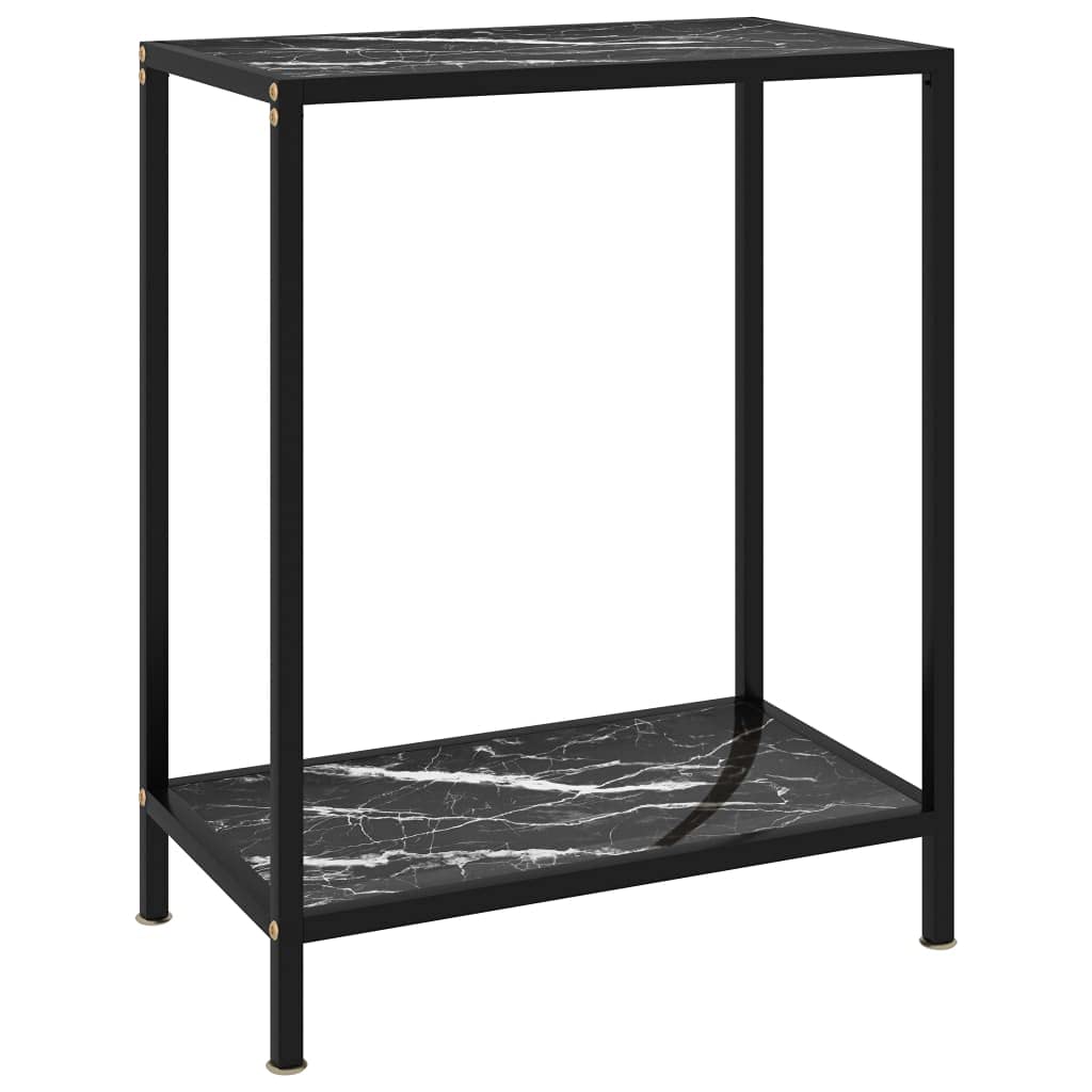 vidaXL Contemporary Black Console Table with Shelf, Tempered Glass and Powder-Coated Steel Material, Sturdy Side/End Table with Marble Texture, 23.6"x13.8"x29.5"