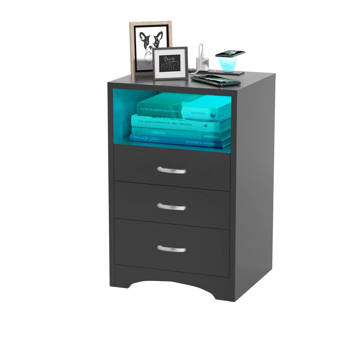 Hoseoka 3 Drawers Black Nightstand With Wireless Charging Station And Led Lights, Side Table With Open Storage Bedside End Table Night Stand Storage Cabinet For Bedroom, Black