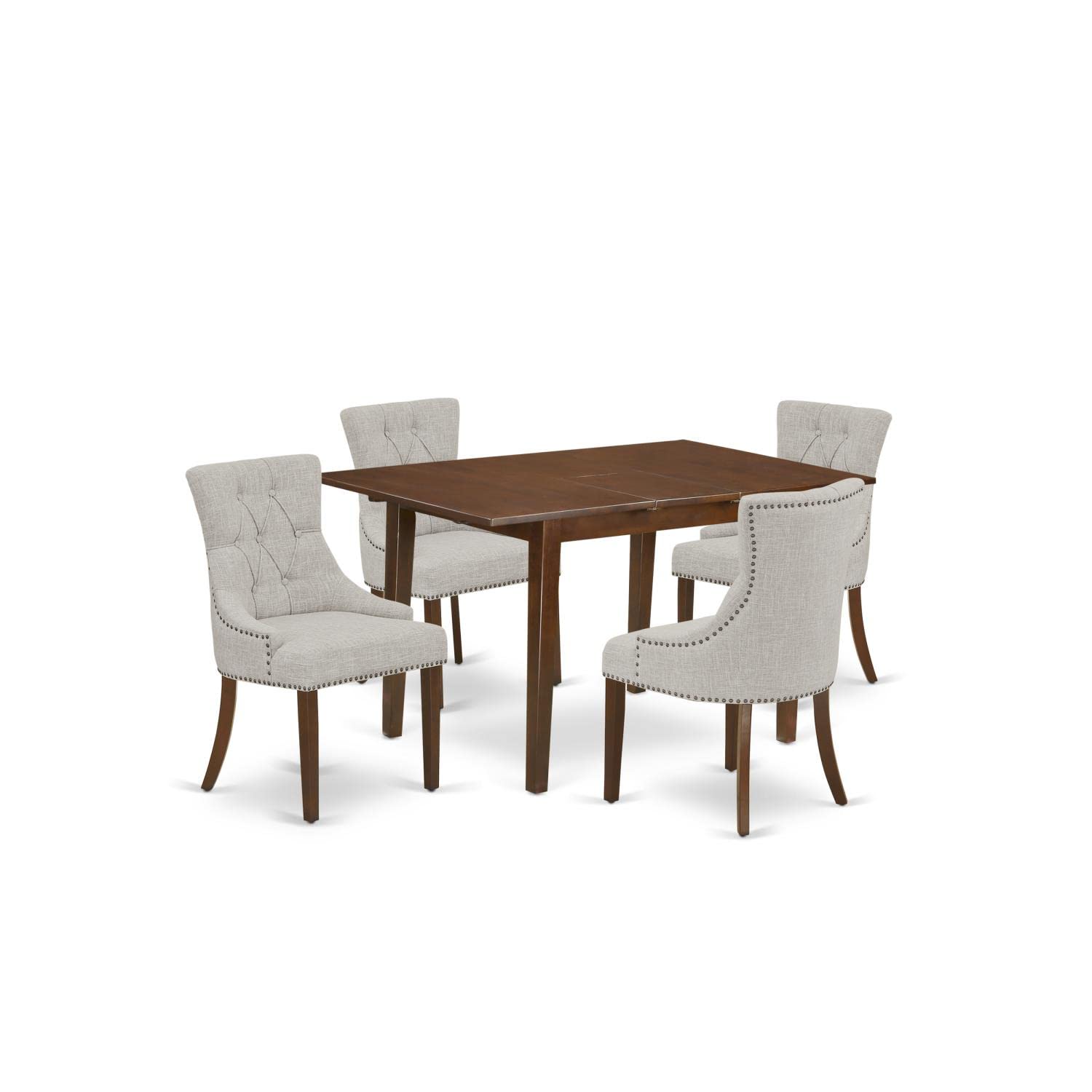 East West Furniture Picasso 5 Piece Kitchen Set For 4 Includes A Rectangle Dining Table With Butterfly Leaf And 4 Doeskin Linen Fabric Parson Chairs, 32X60 Inch, Mahogany