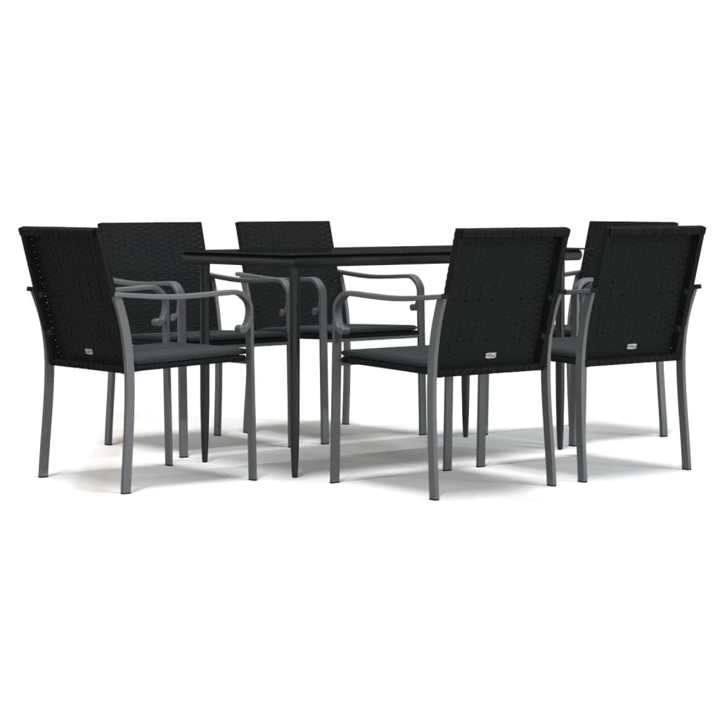vidaXL 5 Piece Patio Dining Set - Black, Comfortable Armrest Chairs with Steel Frame, Weather-Resistant PE Rattan, Tempered Glass Tabletop, Dark Gray Fabric Cushions