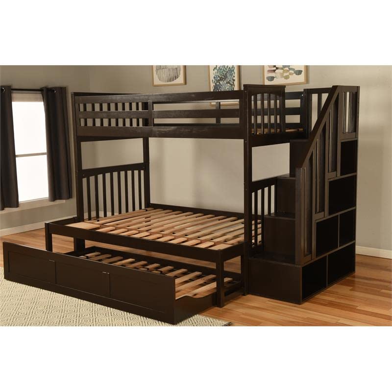 Kodiak Furniture Kelcie Twin/Full Wood Bunk Bed with Storage and Trundle in Dark Chocolate Brown