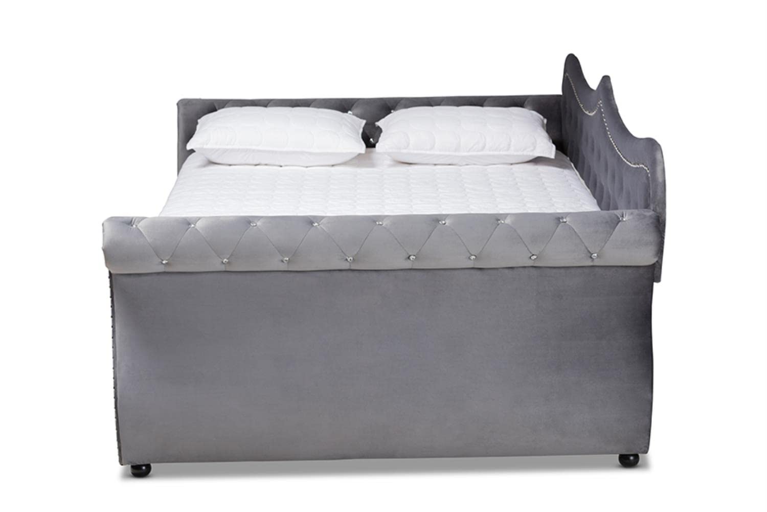 Baxton Studio Abbie Gray Velvet Crystal Tufted Full Wood Daybed with Trundle