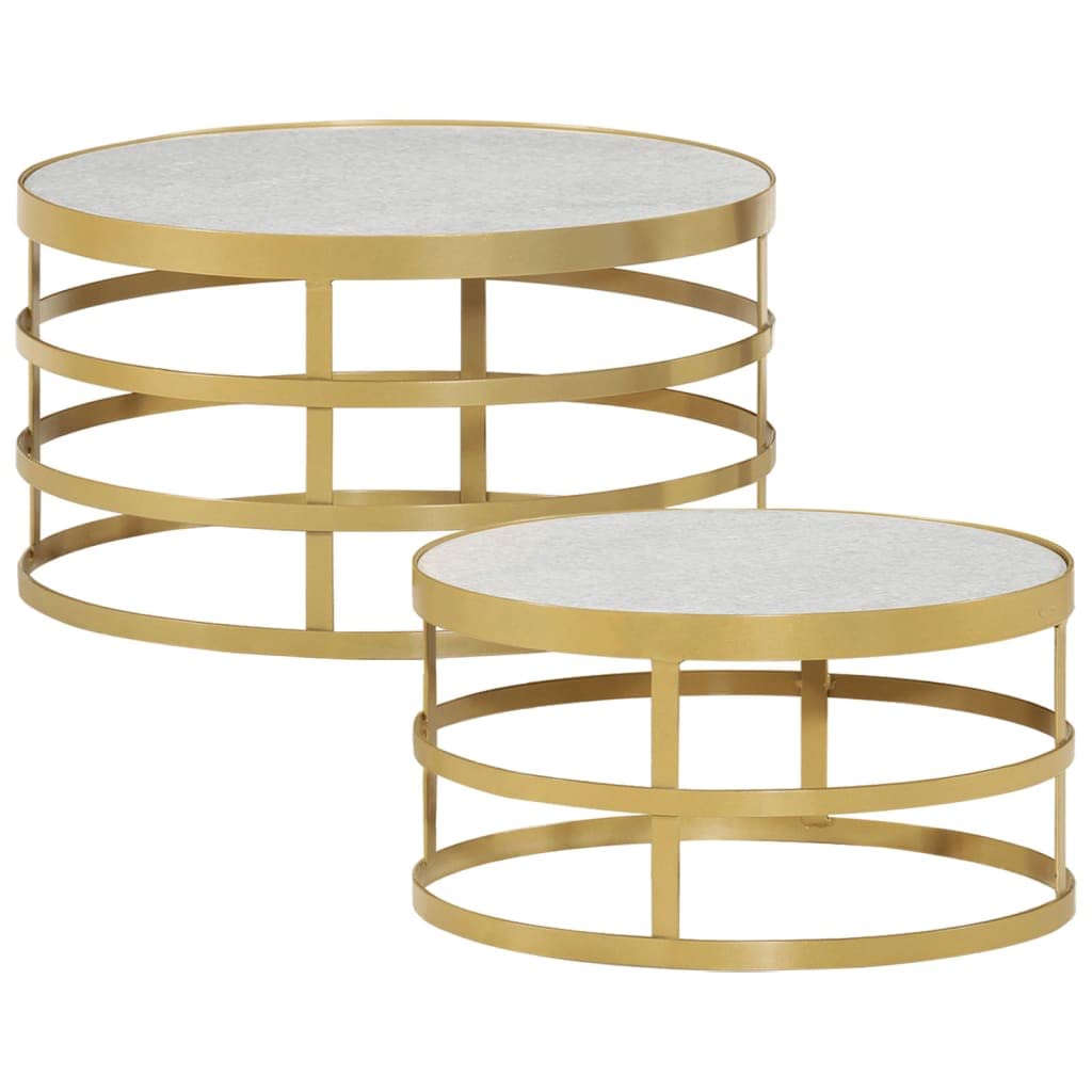 vidaXL Coffee Table Set - 2 Piece Round End Side Tables with Real Marble Tops - Brass & White Finish - Living Room/Office/Lounge Area