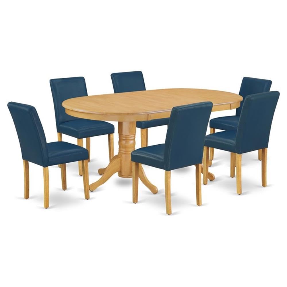 East West Furniture Vaab7-Oak-55 7 Piece Dinette Set Consist Of An Oval Dining Room Table With Butterfly Leaf And 6 Oasis Blue Faux Leather Upholstered Chairs, 40X76 Inch, Oak