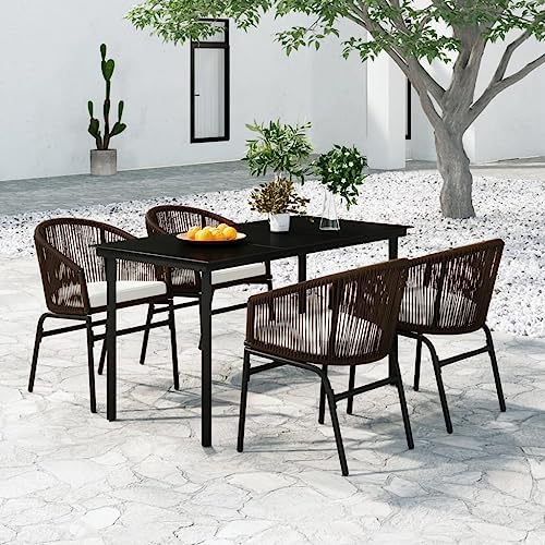 vidaXL 5-Piece Patio Dining Set - Outdoor Furniture Set with Powder-Coated Steel Frame, PVC Rattan Chairs, Glass Tabletop, Thickly Padded Cushions, Weather and UV Resistant - Brown