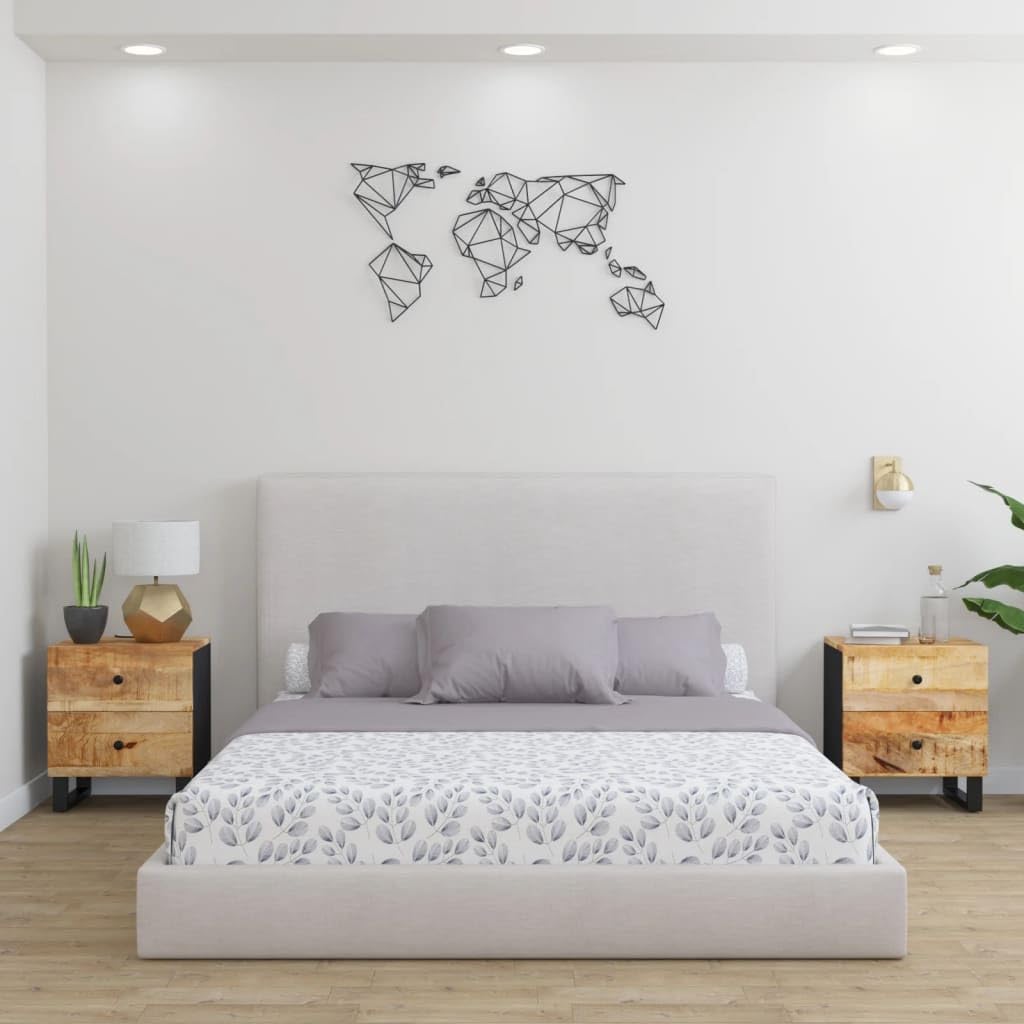 vidaXL Set of 2 Bedside Cabinets in Solid Mango Wood and Iron | Industrial Style Nightstands | Black Rectangular End Tables with Unique Grain and Color Variations