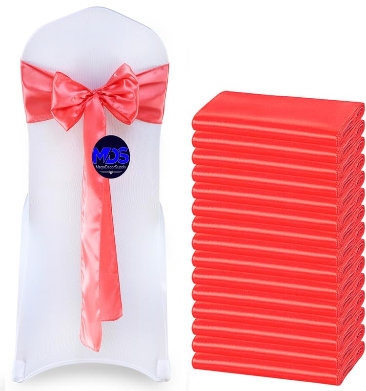 Mds Pack Of 125 Pcs Satin Chair Sashes Charmeuse Sateen Dining Chair Bows Ribbon Ties Back Sash For Wedding Party Birthday Home Hotel Restaurant Banquet Decoration (7 X 108 Inch, Coral)