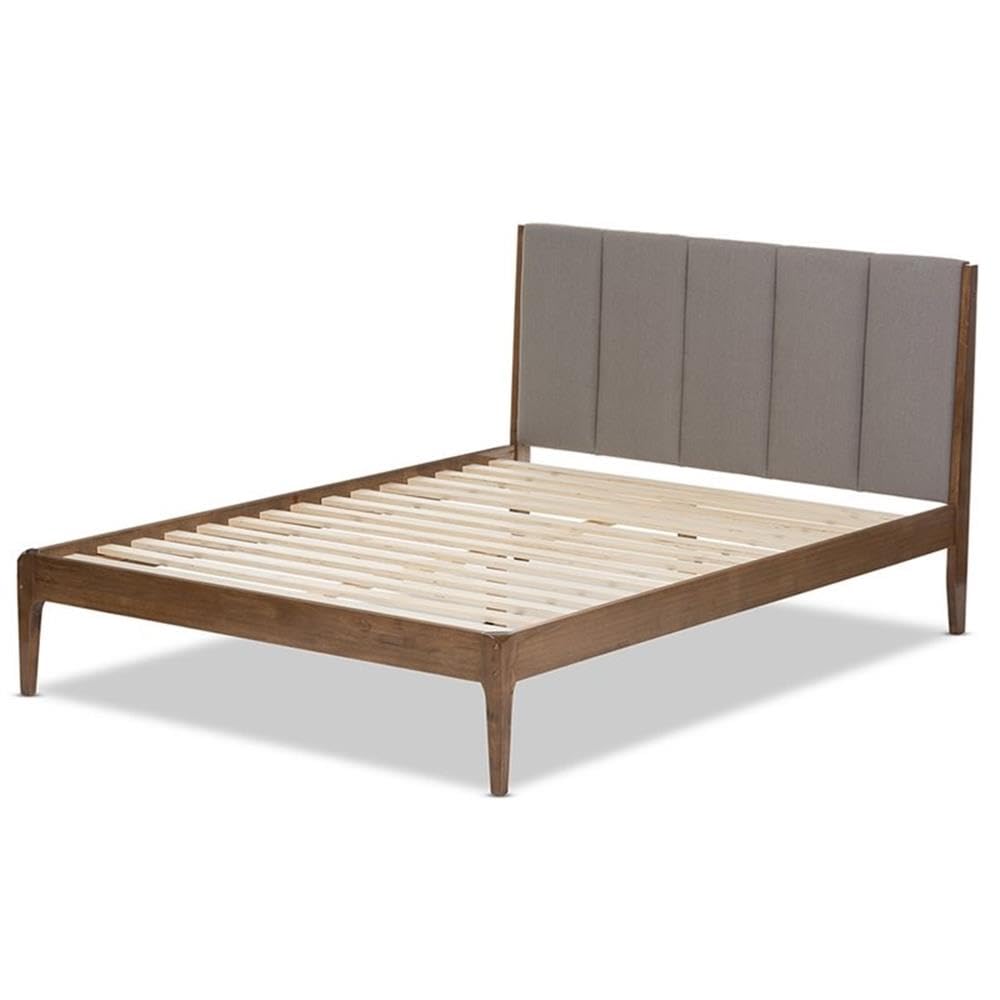 Baxton Studio Ember Mid-Century Light Grey Fabric and Medium Brown Finish Wood King Size Platform Bed