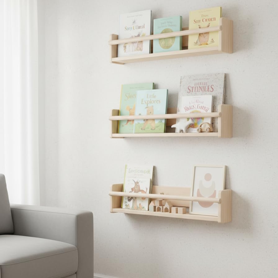 Decazone Kids Room Wooden Wall Shelf | Solid Pine Wood with Natural Wax Finish | Nursery Storage Rack for Toys, Books & Dcor | H