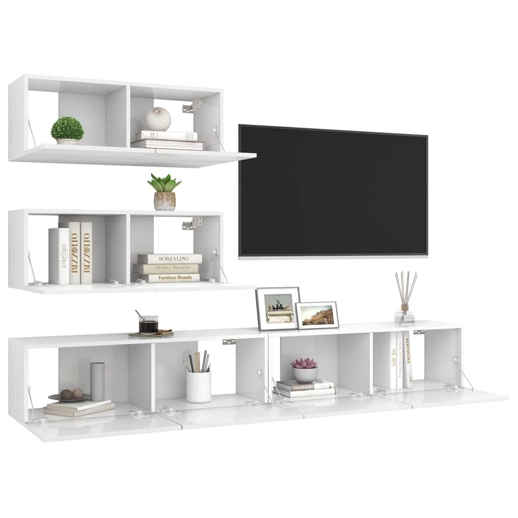 vidaXL TV Cabinet Set 4 Piece Living Room Bedroom Furniture HiFi Stereo Cabinet TV Stand Media Entertainment Center Engineered Wood High Gloss White