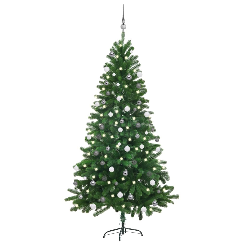 Vidaxl Artificial Christmas Tree With Leds - Durable, Lifelike Green Tree With Decorative Balls - 70.9&quot; Tall With Energy-Efficient Led Lights - Steel Base For Stability